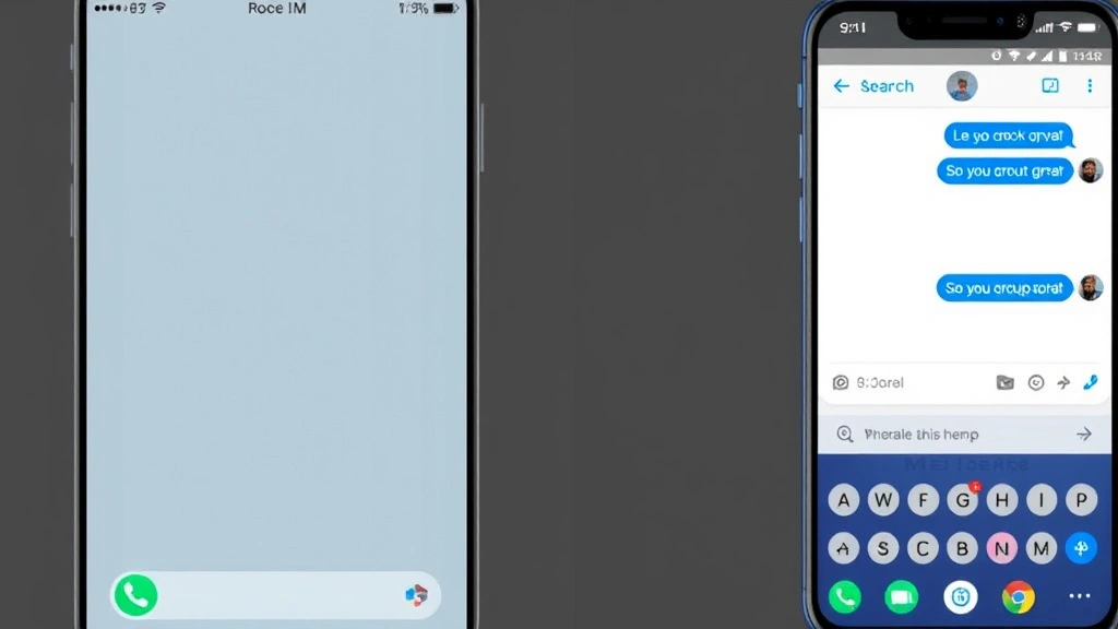 Split-screen comparison showing an iPhone on the left and Android phone on the right, both displaying messaging applications with group chat windows open