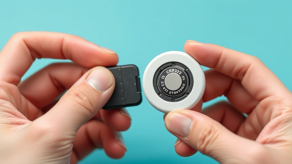 Hands holding AirTag demonstrating battery replacement process with CR2032 battery visible, no text no words no letters