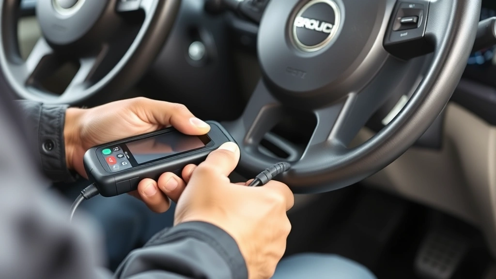 Mechanic's hands using an OBD2 diagnostic scanner plugged into a vehicle's diagnostic port located under the steering wheel