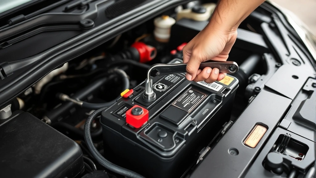 Person carefully disconnecting the negative battery terminal from a car battery using a wrench in an engine compartment