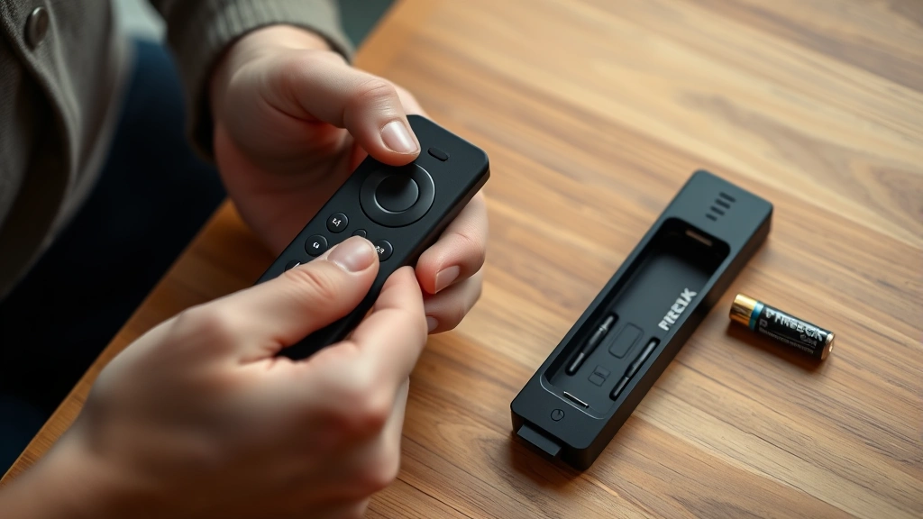 Close-up of hands holding a black Firestick remote with batteries visible next to it on a wooden table, showing battery compartment open