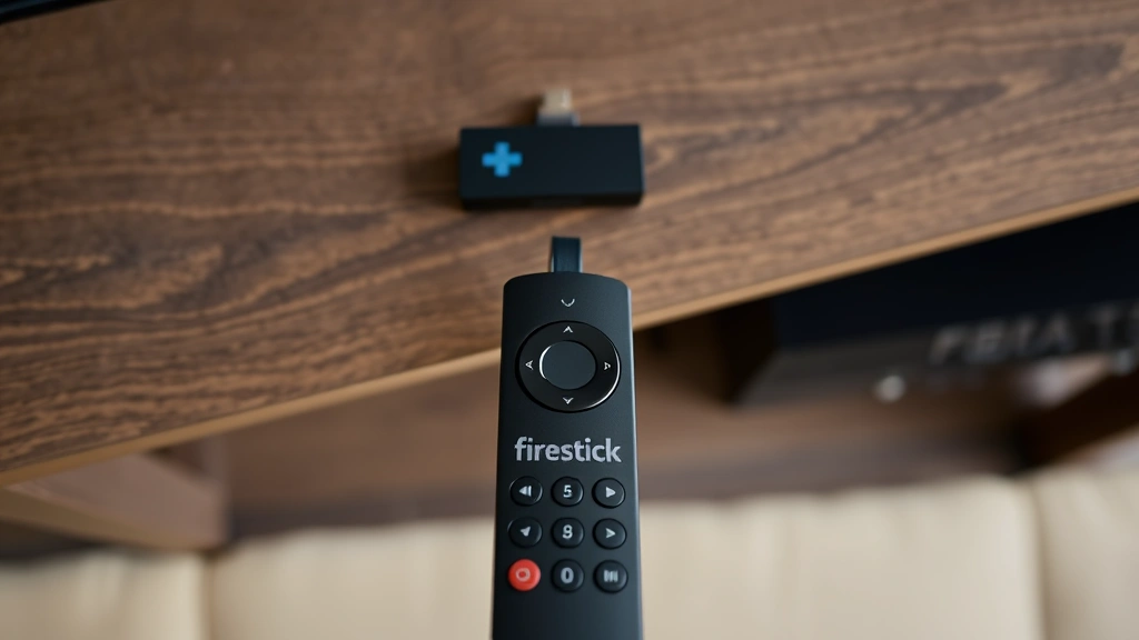 Overhead view of a Firestick device positioned on an entertainment center with a remote control in the foreground, clear and in focus