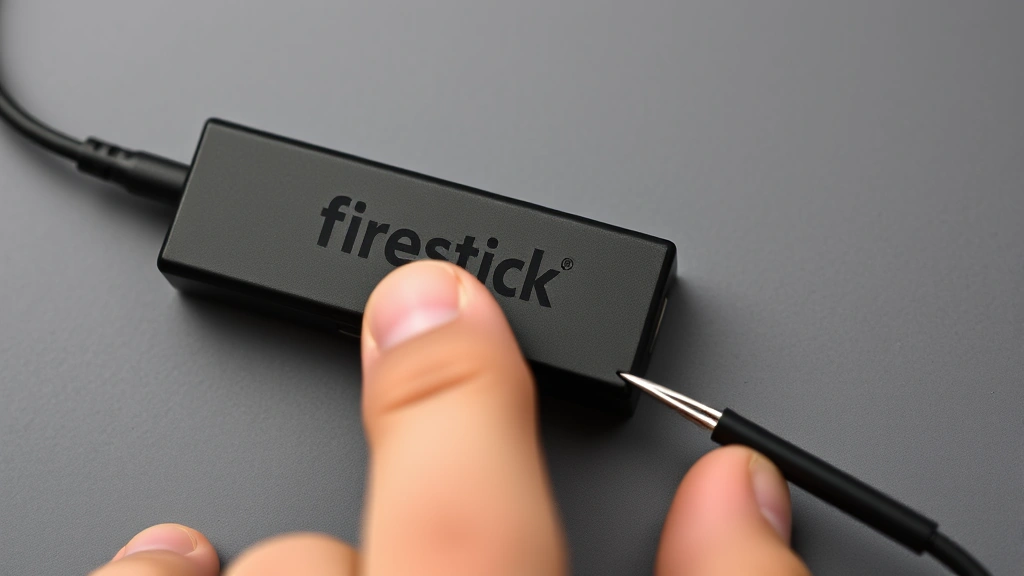 Detailed shot of fingers pressing a small reset button on the back of a compact black Firestick device with a paperclip tool nearby