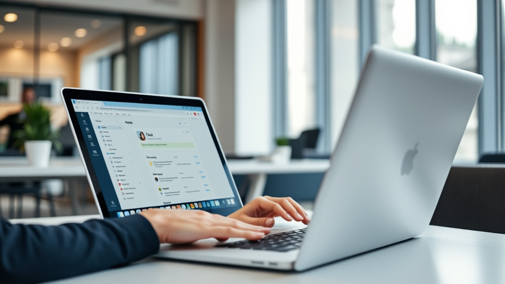 Professional person using laptop with Outlook interface, modern office setting, clean workspace, no text no words no letters