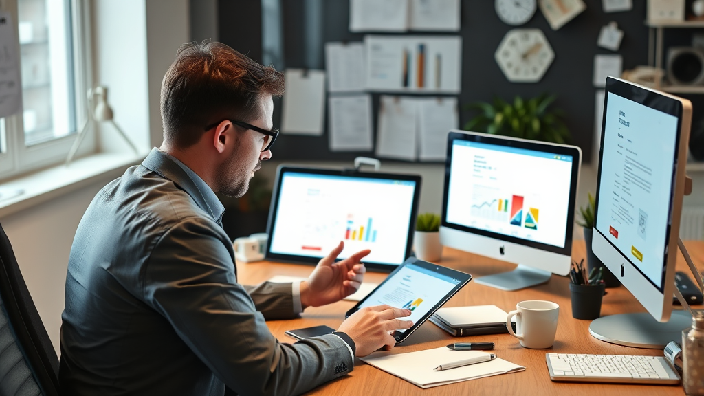 Business professional reviewing email on multiple devices, organized desk setup, productivity tools, no text no words no letters