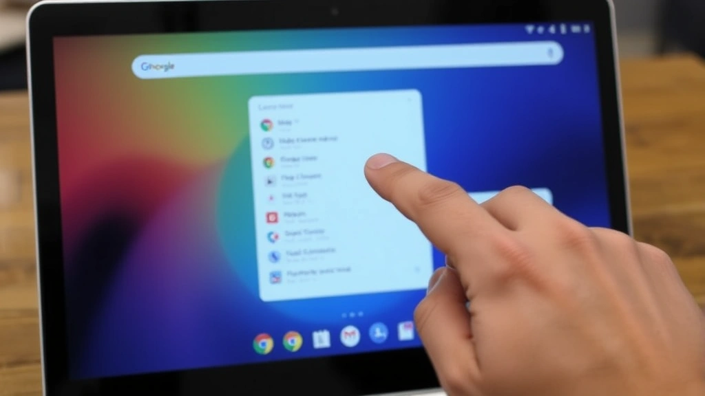 Chromebook touchscreen display with a long-press gesture being performed, showing a context menu appearing with various options and selections visible