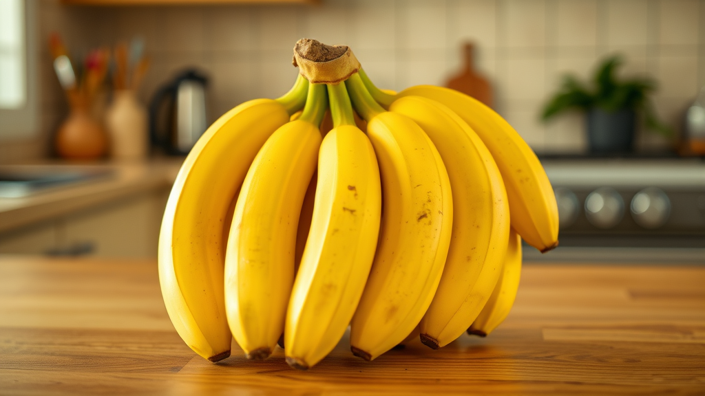 Bunch of yellow ripe bananas on wooden kitchen counter, warm lighting, no text no words no letters