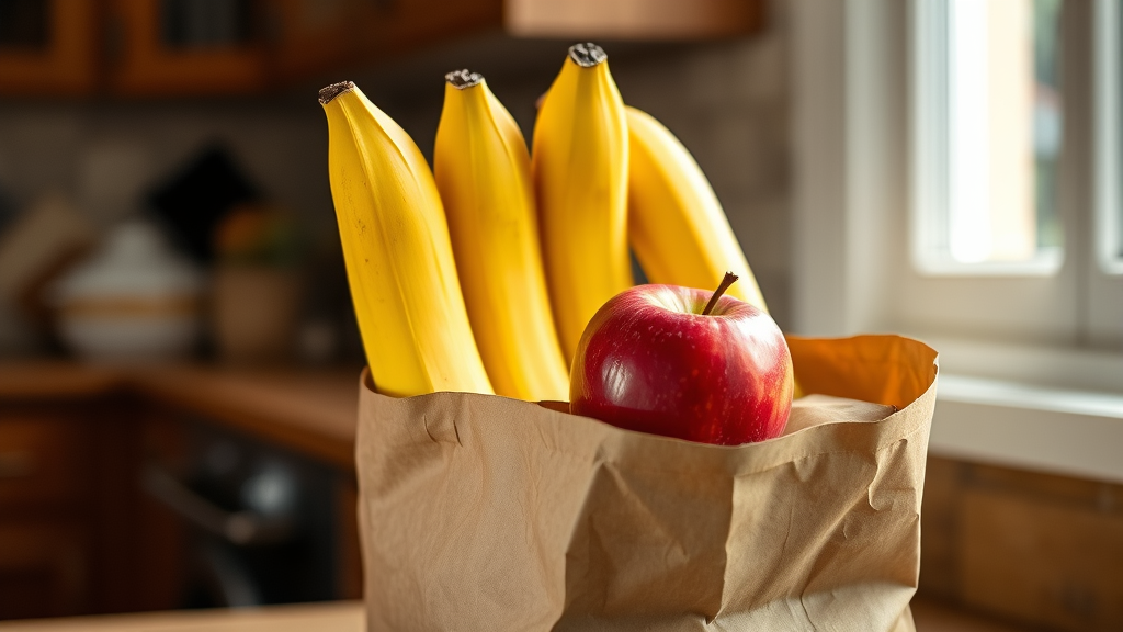 Bananas in brown paper bag with apple, kitchen setting, natural lighting, no text no words no letters