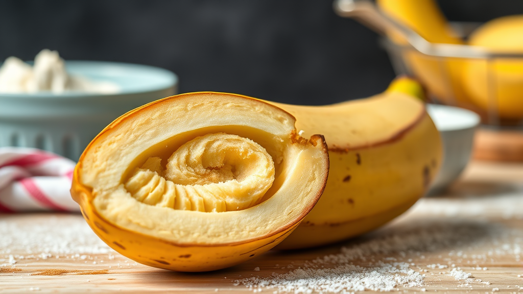 Cross section of ripe banana showing soft interior, baking ingredients nearby, no text no words no letters