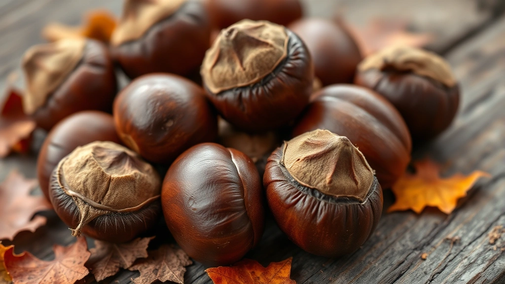 Close-up of fresh chestnuts with deep brown shells showing natural texture and sheen, arranged on rustic wooden surface with scattered autumn leaves