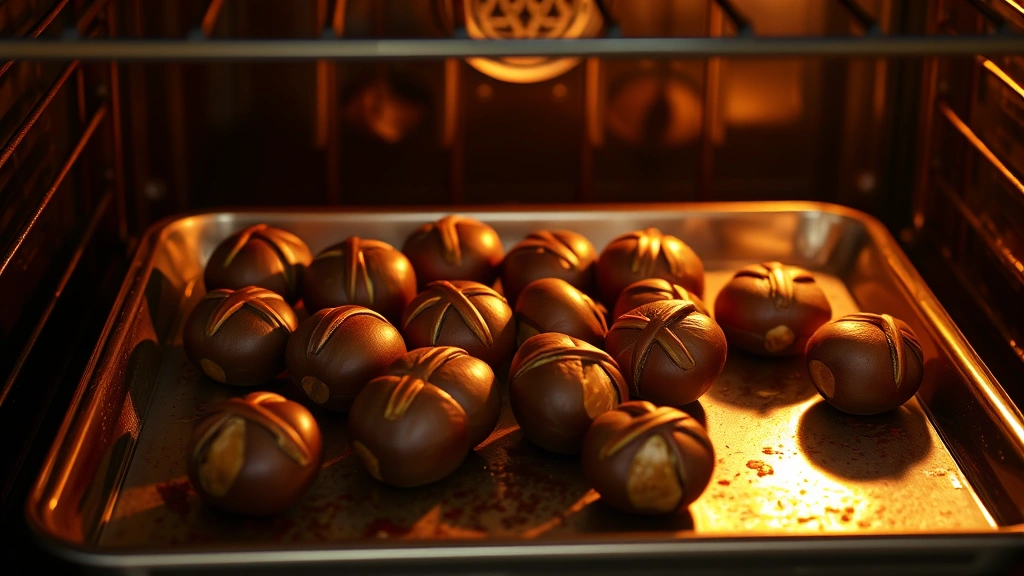 Baking sheet with scored chestnuts roasting in oven, shells darkening and X-cuts opening, warm golden light illuminating from inside oven cavity