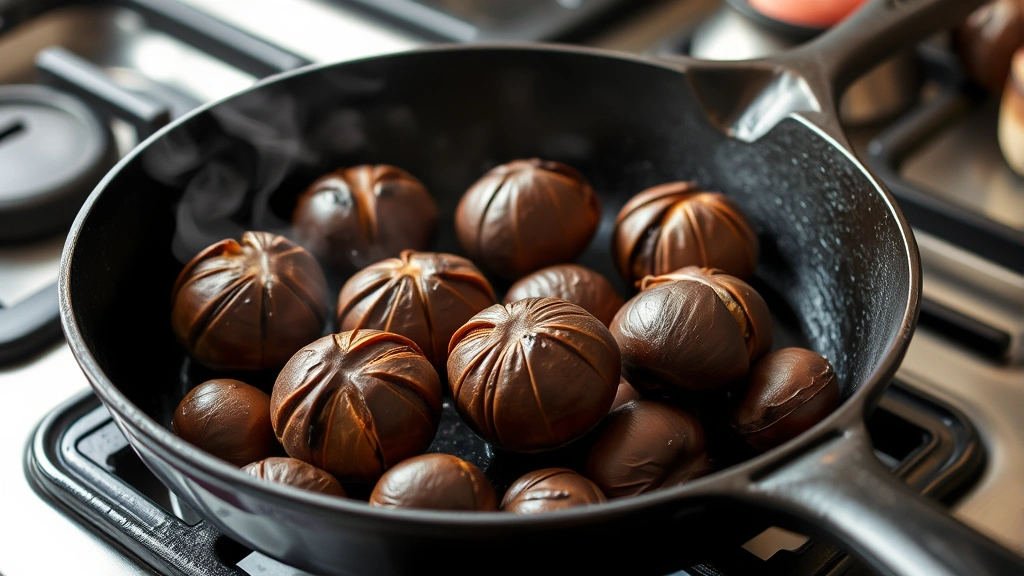 Cast iron skillet on stovetop with roasted chestnuts showing darkened shells and opened scoring marks, steam rising gently from pan surface