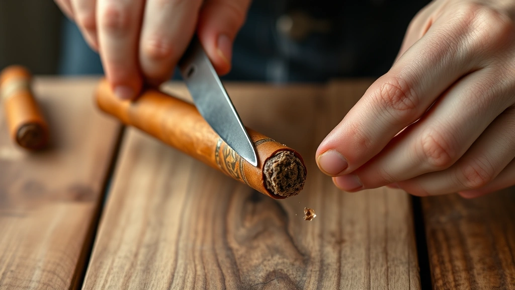 Close-up of hands carefully cutting open a cigar along its seam with a sharp knife on a clean wooden surface