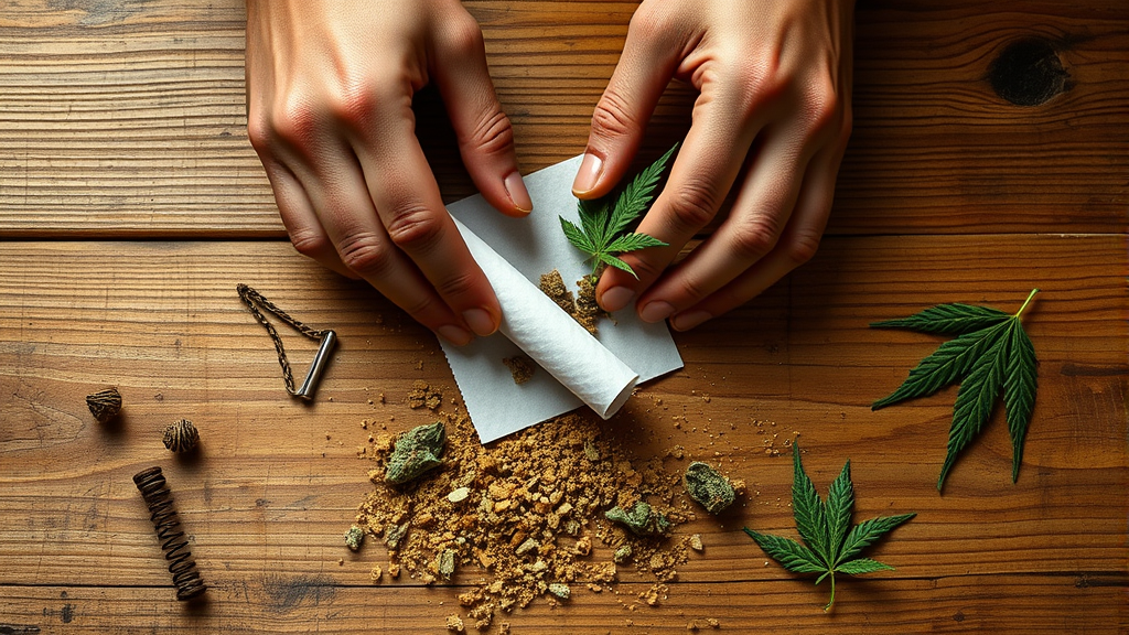 Hands rolling paper with cannabis materials on wooden surface, natural lighting, detailed craftsmanship, no text no words no letters