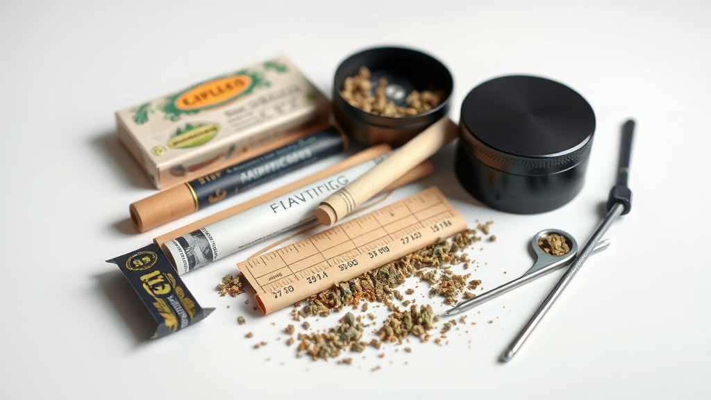 Various rolling papers, grinder, and cannabis preparation tools arranged neatly on clean surface, product photography style, no text no words no letters