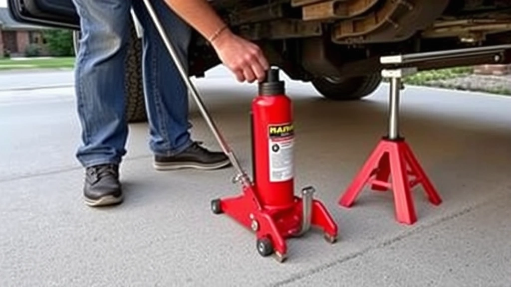 A person using a floor jack and jack stands to safely lift a vehicle on a flat driveway, showing proper placement and support equipment