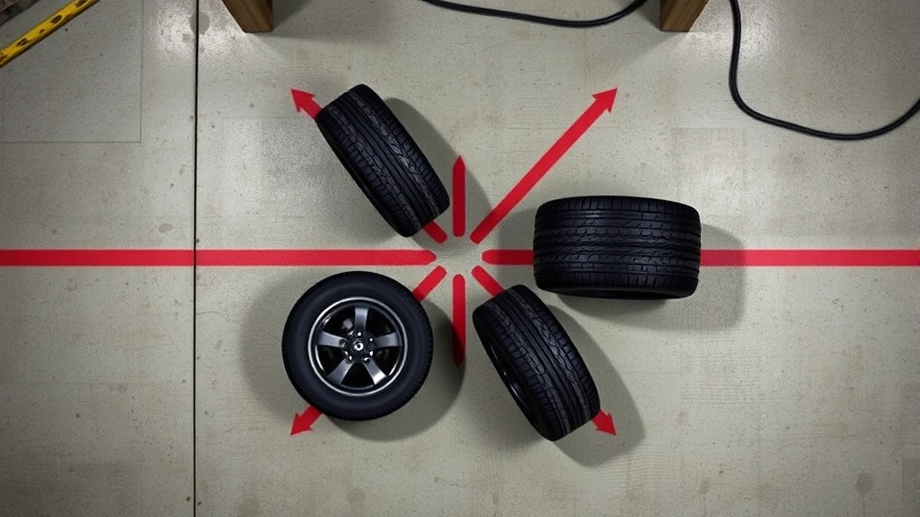 A detailed overhead view of four car tires arranged in an X-pattern rotation diagram on a garage floor, showing directional arrows