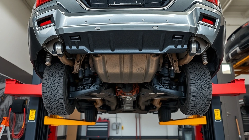 Overhead view of a vehicle on a lift with four tires removed, displaying the underside and wheel wells in a professional garage setting with tools nearby