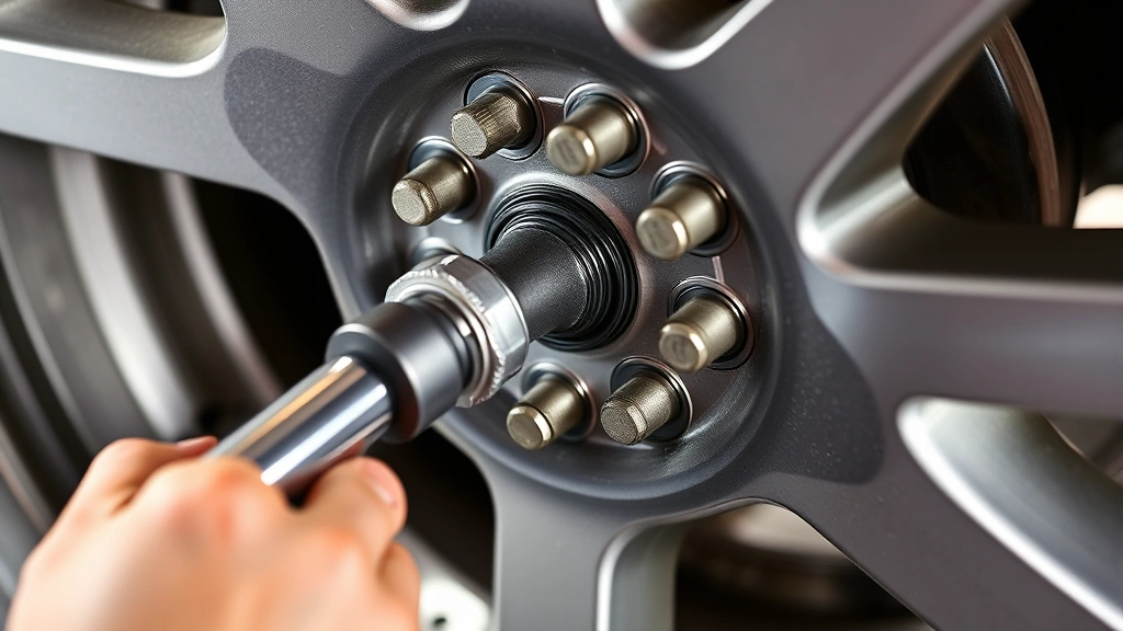 Close-up of hands using a torque wrench to tighten lug nuts on a wheel rim in a star pattern sequence
