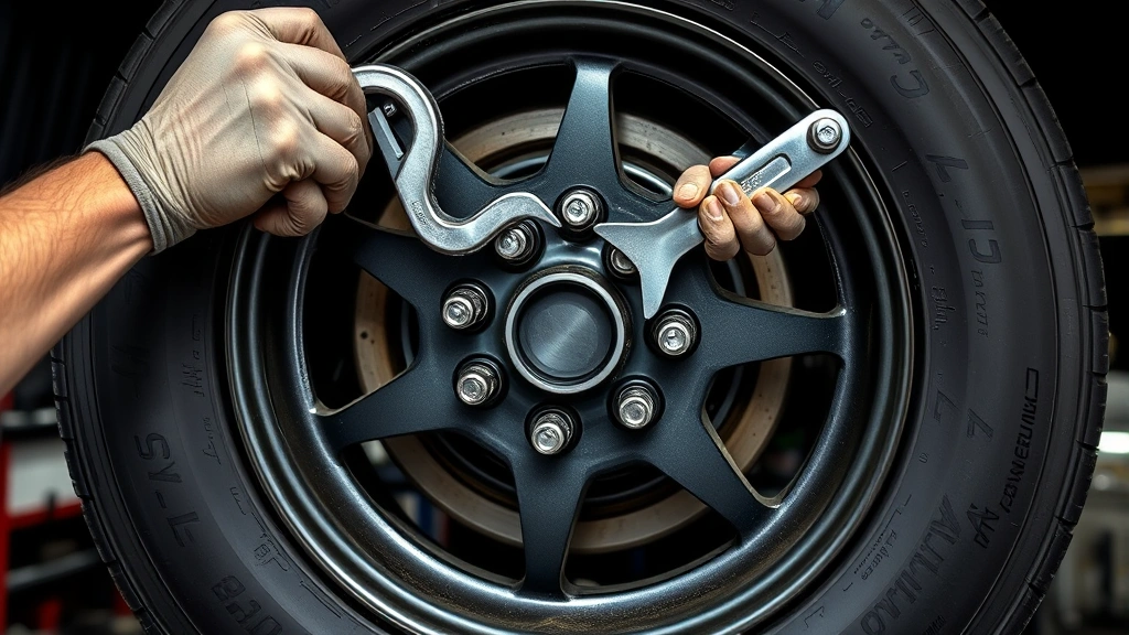 Mechanic hands using a lug wrench on a tire in a star pattern, with the wheel partially installed on a vehicle hub, showing proper tightening technique