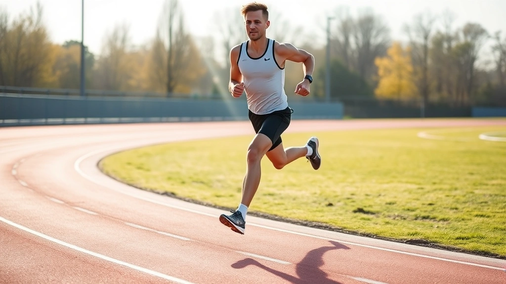 Athletic runner in mid-stride on outdoor track, showing perfect running form with engaged core and natural arm swing, morning sunlight