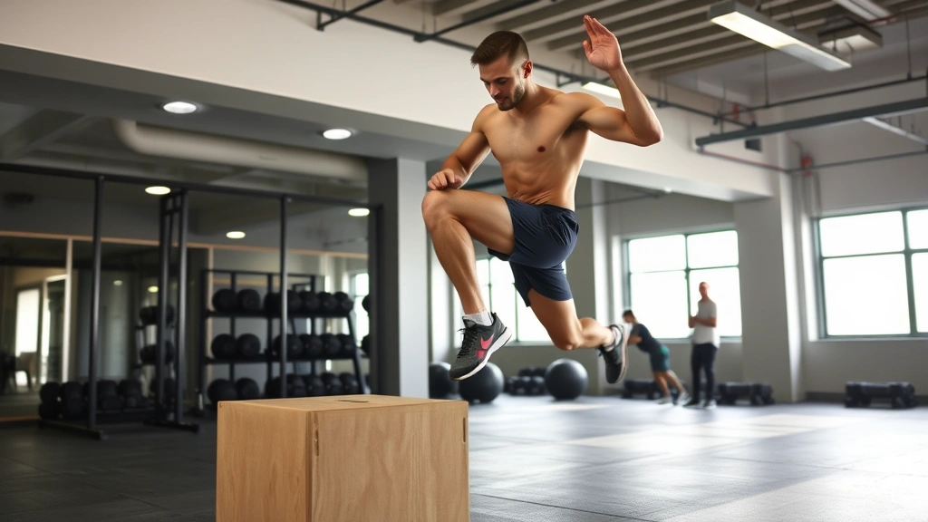 Fit person performing explosive box jump exercise in modern gym, demonstrating powerful leg drive and athletic movement