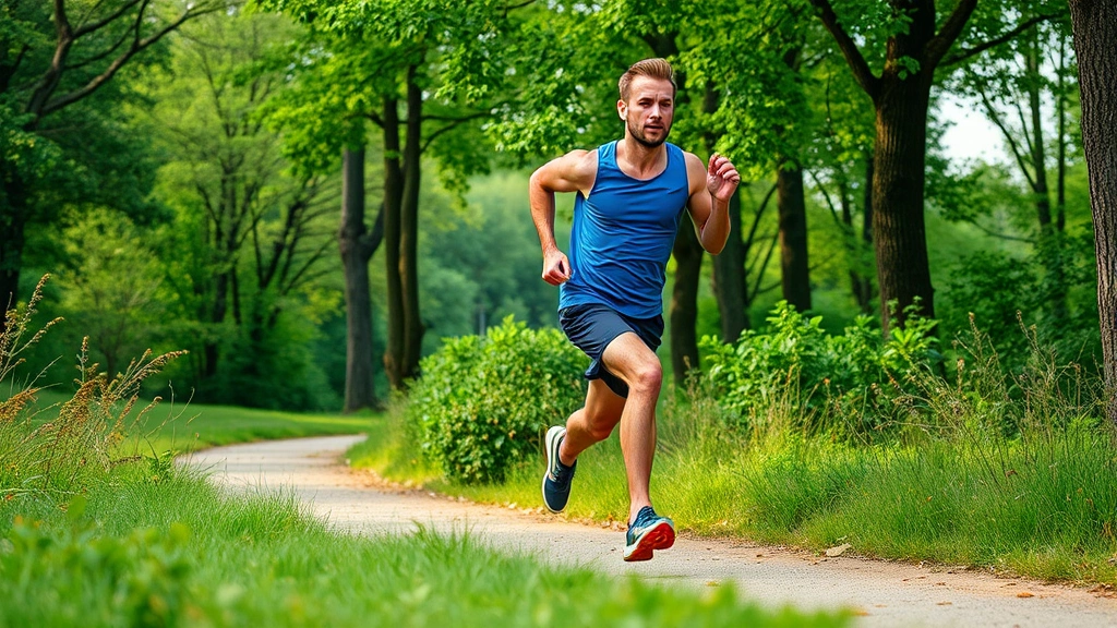 Runner completing interval training sprint on park trail, showing intense effort with focused expression and dynamic body position