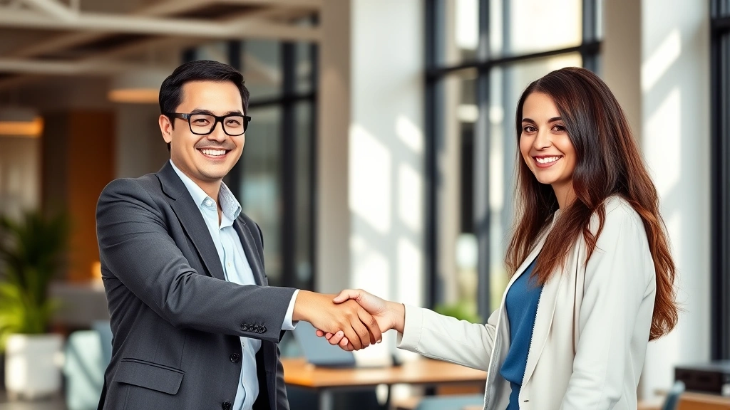 Two people shaking hands in a bright, modern office setting with warm natural lighting, both smiling warmly in professional attire