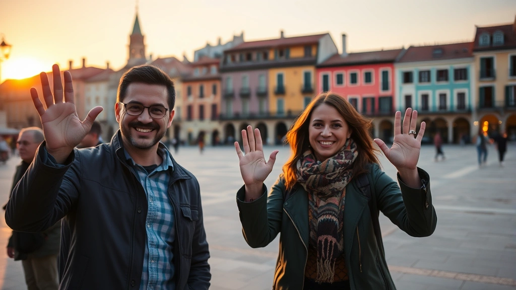 Two people waving goodbye at sunset in a Spanish plaza with colorful buildings in background, warm golden lighting, friendly expressions