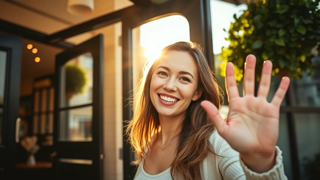 Close-up of a smiling woman waving goodbye near a sunny café entrance with warm golden hour lighting, casual friendly atmosphere
