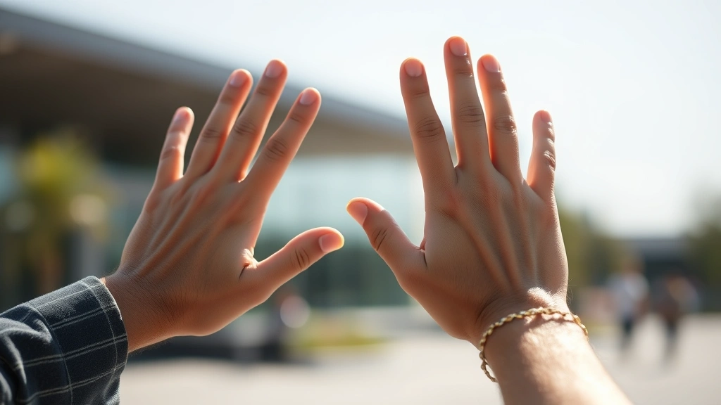 Close-up of hands waving in farewell gesture against blurred outdoor background, natural daylight, genuine warm interaction