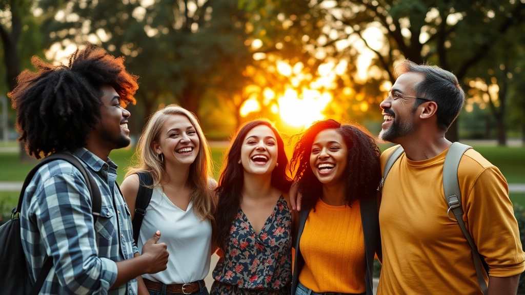 Group of diverse friends laughing together outdoors in a park setting during sunset, showing genuine warmth and connection