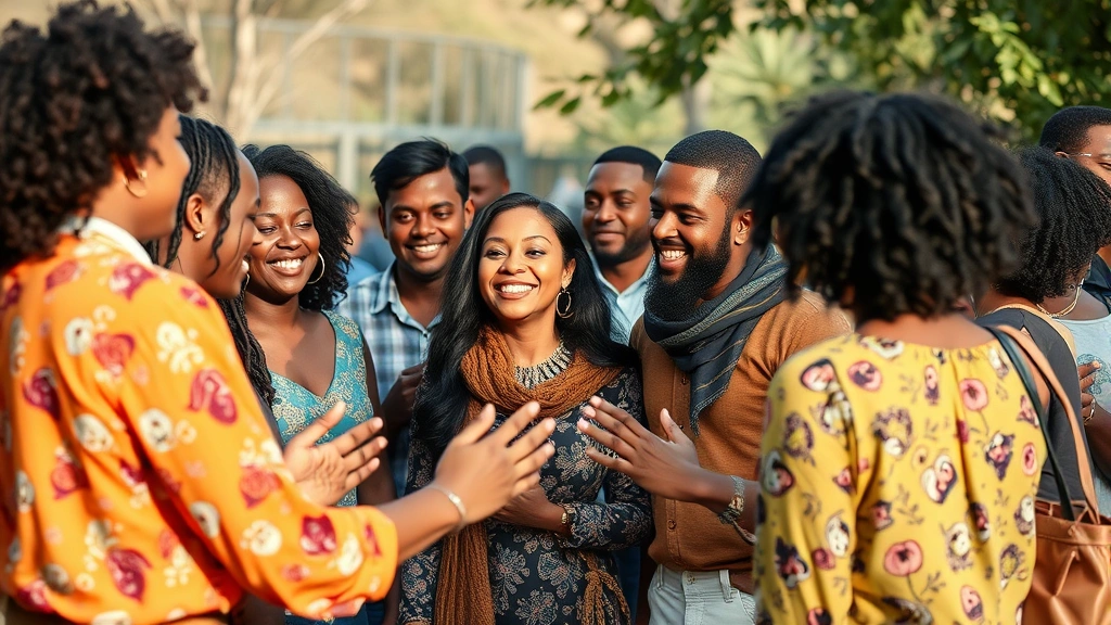 Group of diverse people saying goodbye at a gathering, smiling faces, natural outdoor setting, authentic moment of connection