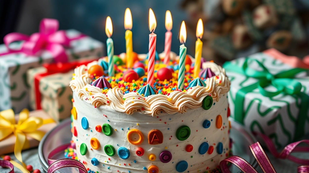 Close-up of a vibrant Spanish-style birthday cake with colorful decorations and candles lit, surrounded by wrapped presents and festive ribbons
