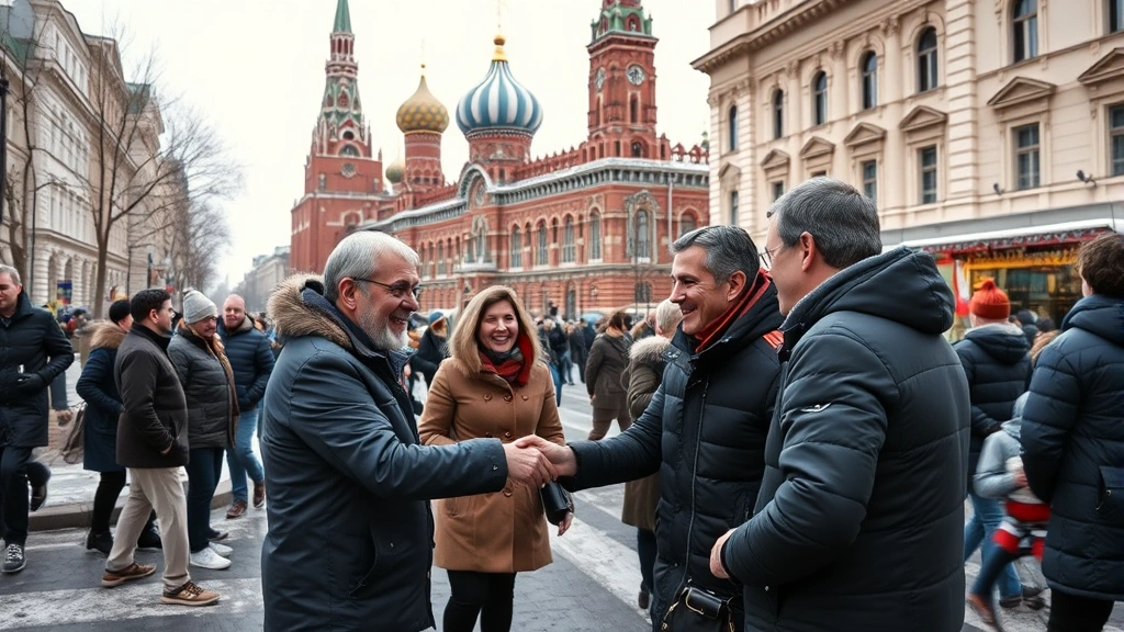 Wide shot of a Moscow street with historic architecture in background, people greeting each other with handshakes and warm smiles, winter atmosphere with snow