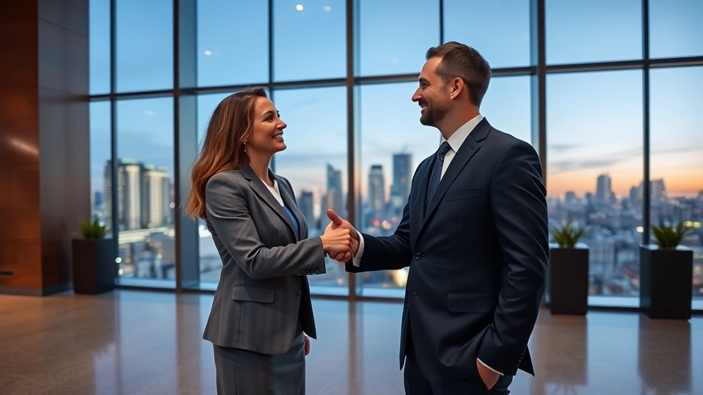Close-up of two professionals in business attire greeting formally in a modern office lobby with large windows overlooking a city skyline