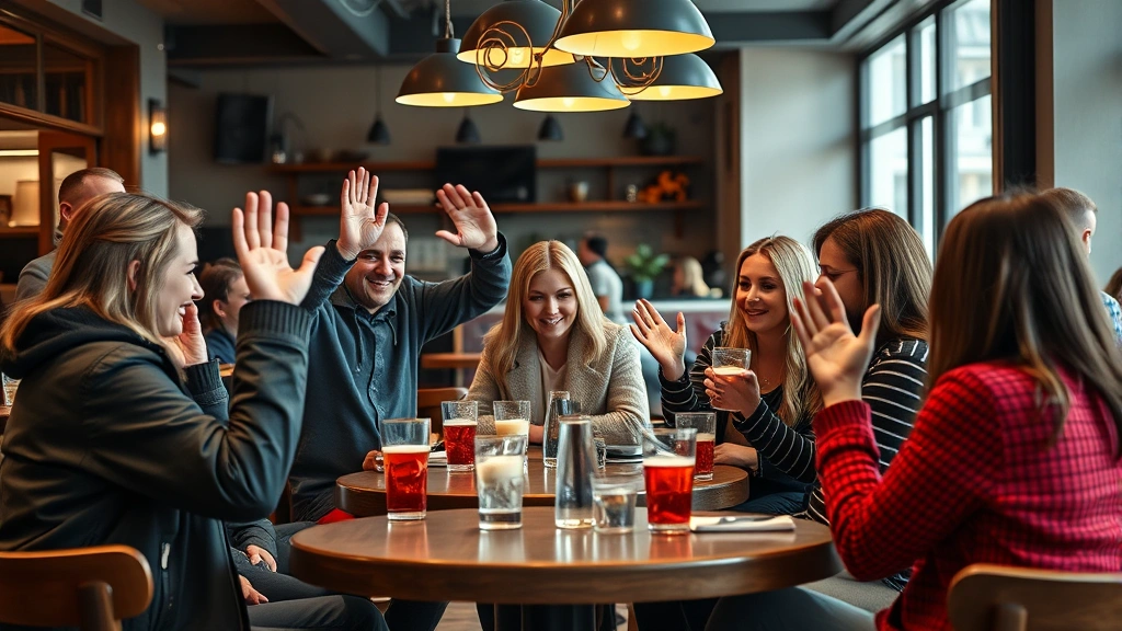 Casual gathering of friends in a contemporary Russian cafe, people waving and greeting each other with relaxed, friendly body language and warm expressions