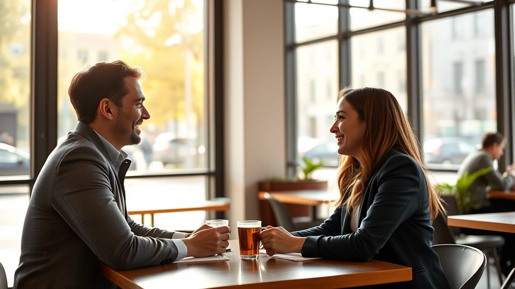 A warm, friendly interaction between two people meeting in a modern Berlin café, natural daylight streaming through large windows, genuine smiles and relaxed body language, professional yet casual atmosphere