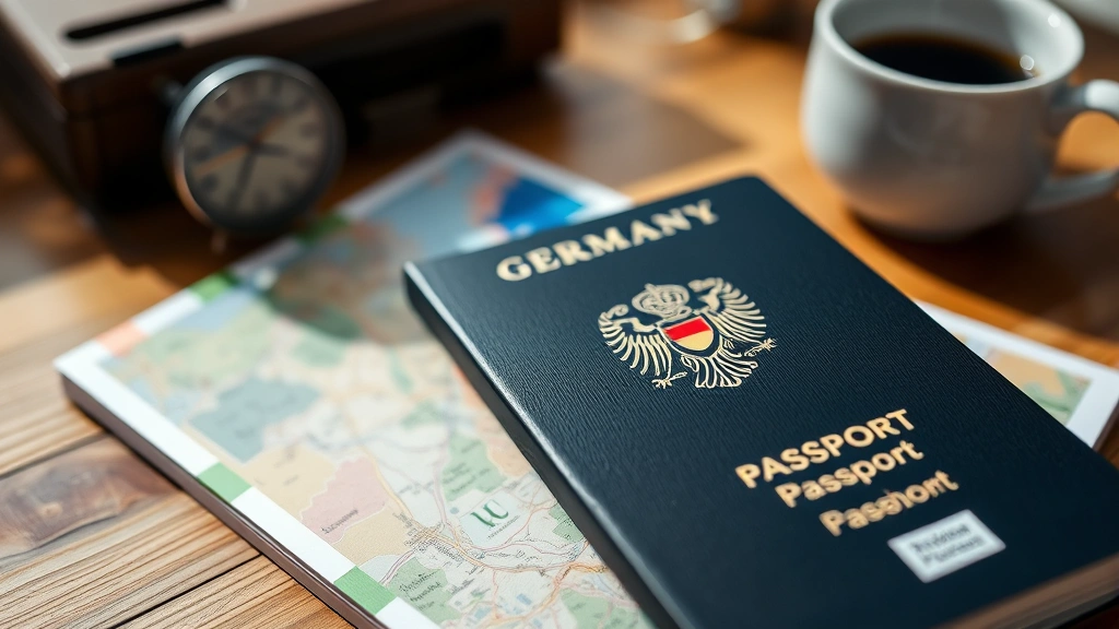 Close-up of a German passport and travel guide on a wooden desk with coffee cup, natural lighting highlighting the details, suggesting travel preparation and cultural learning