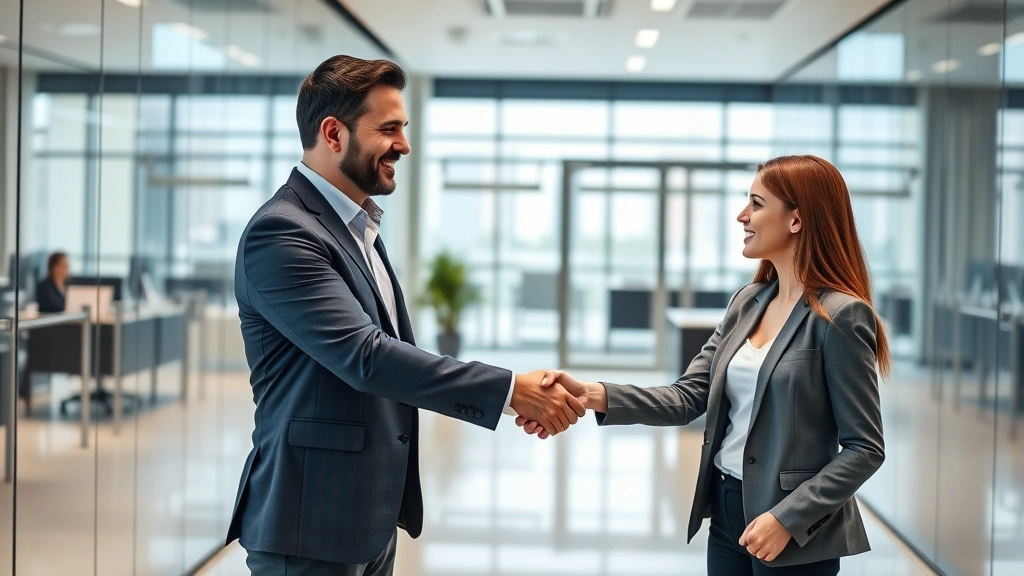 A business professional confidently greeting a colleague in a sleek modern office setting, firm handshake, professional attire, bright contemporary workspace with glass and steel elements