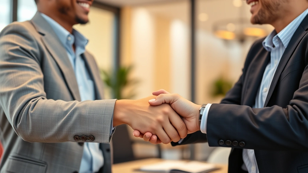 Close-up of two people in a business meeting shaking hands, one presenting a thank you card, professional office setting with warm lighting, genuine smiles, cultural exchange moment
