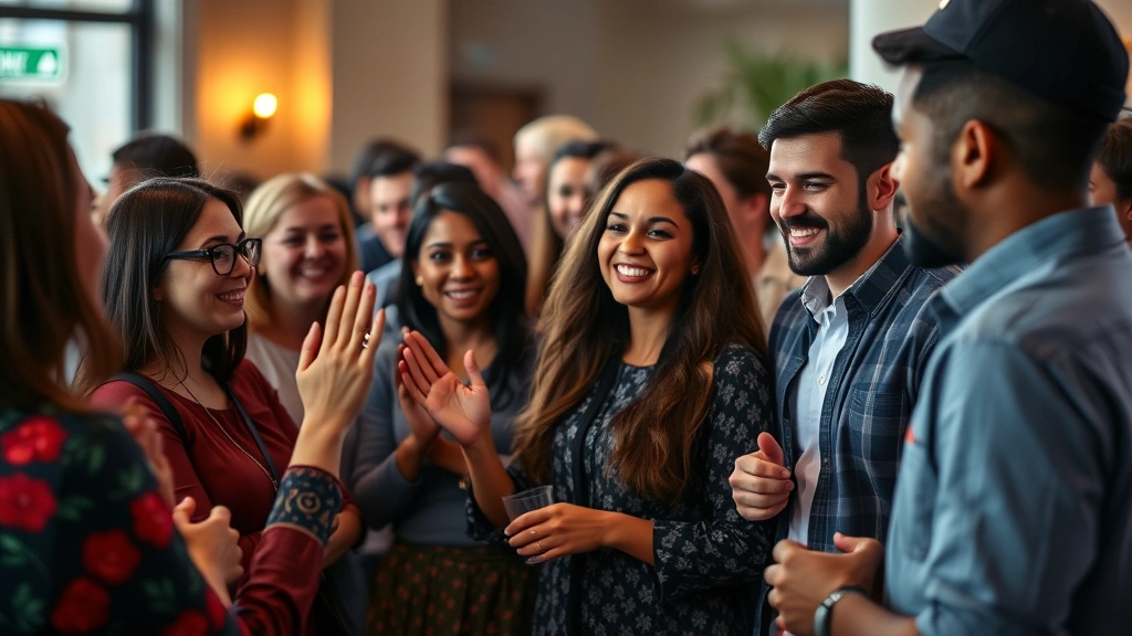 Group of diverse people in a casual social gathering, one person expressing gratitude with hand gesture, warm ambient lighting, genuine interaction and appreciation visible on faces