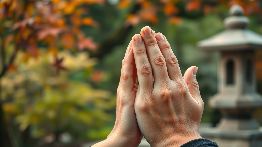 Close-up of hands in a respectful bow gesture, soft lighting, serene Japanese garden background with blurred maple leaves and stone lantern