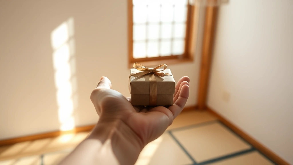 Open hand offering a small wrapped gift box, natural sunlight streaming through window, minimalist Japanese aesthetic with tatami mat flooring visible