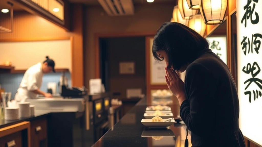 Person bowing respectfully at a traditional Japanese restaurant counter, chef in background, warm ambient lighting, authentic dining atmosphere