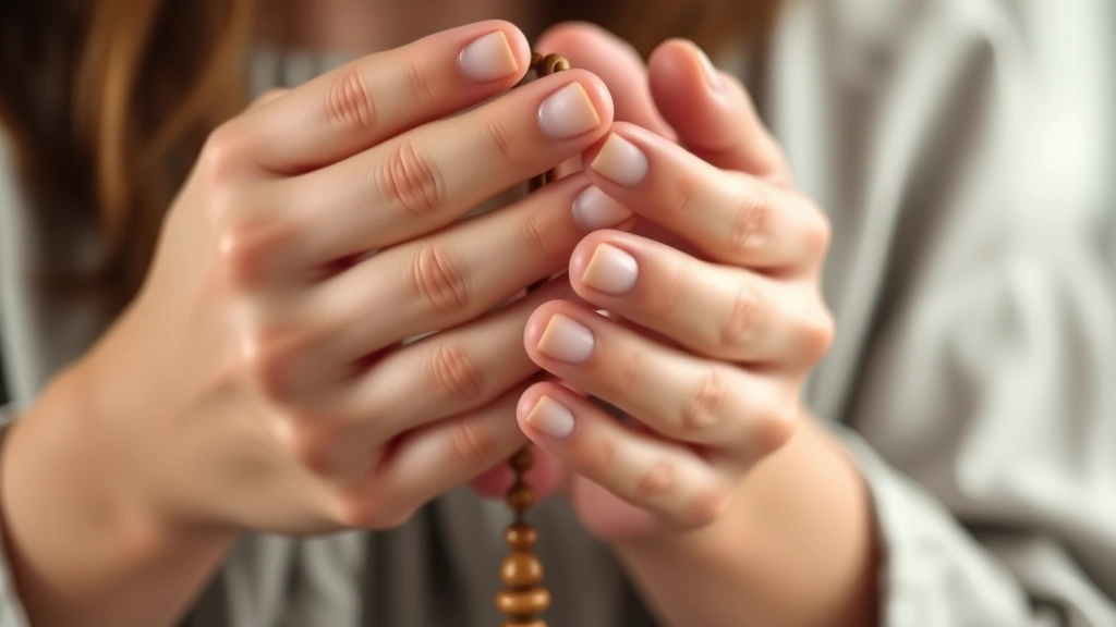 Close-up of hands holding wooden rosary beads during prayer, soft natural lighting, peaceful expression, traditional Catholic devotional setting