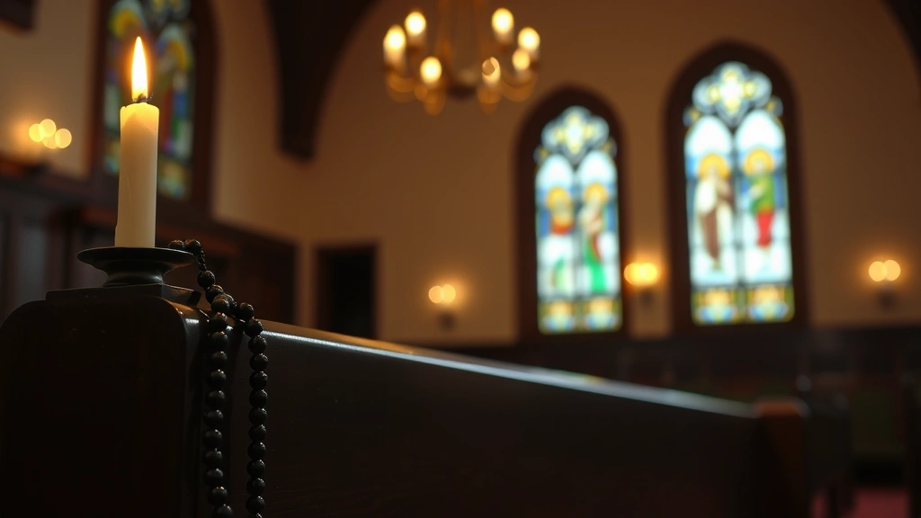 Serene chapel interior with candlelight, rosary beads draped over wooden pew, stained glass windows in background, contemplative atmosphere