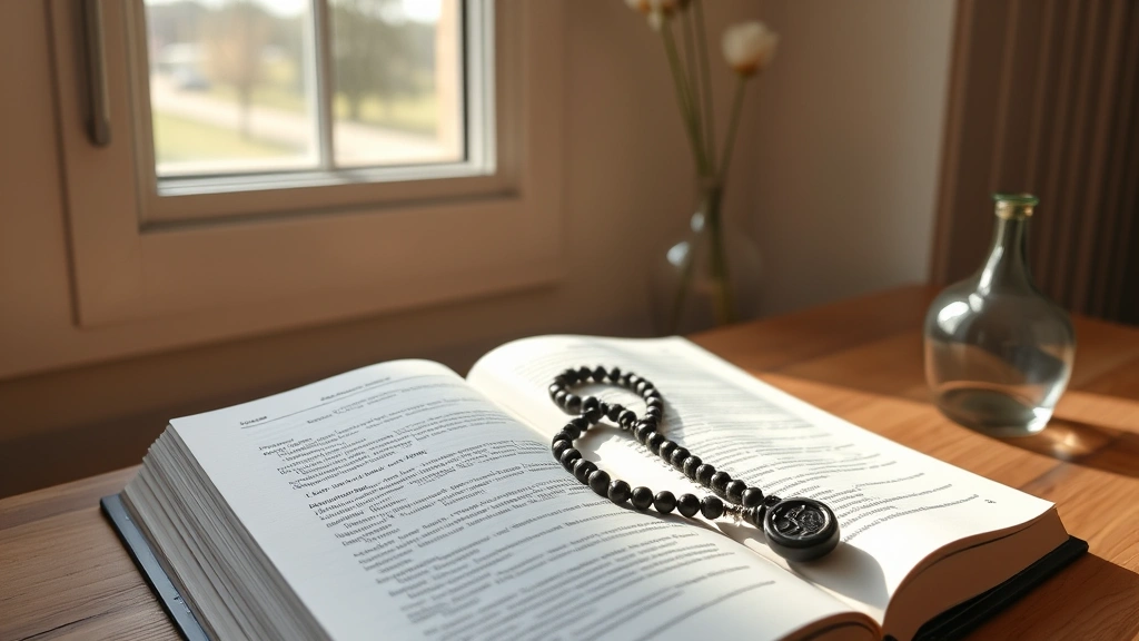 Open prayer book with rosary beads placed on pages, morning sunlight streaming through window, quiet spiritual study space with minimal decoration