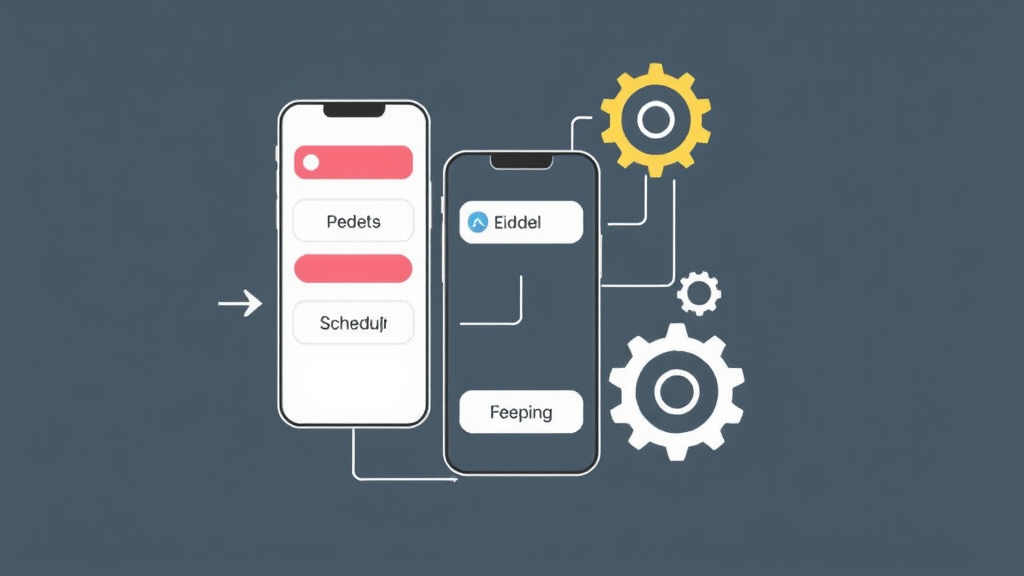 Smartphone automation workflow diagram showing message scheduling process with gears and arrows, no text no words no letters