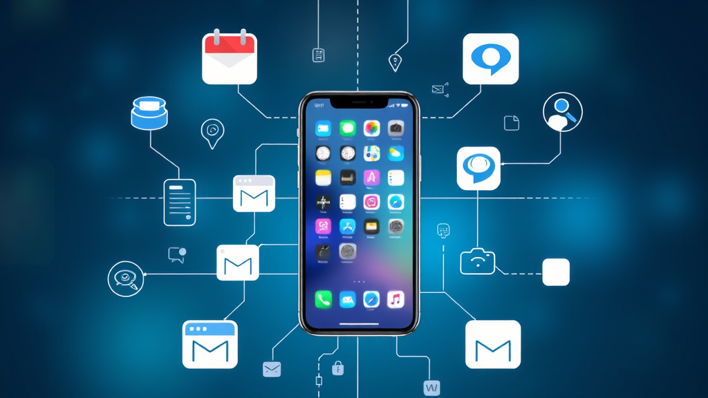 Digital productivity concept with iPhone surrounded by calendar notifications and communication symbols, no text no words no letters